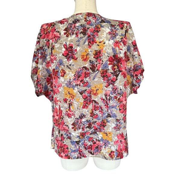 Pleione Multicolored Floral V-Neck Short Sleeve Snap Closure Top Women's M - Picture 4 of 10